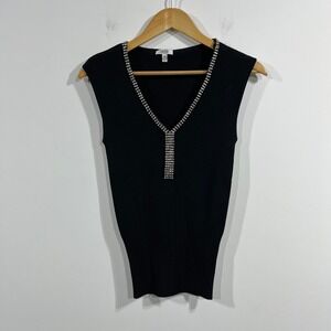 Cache VTG Black Ribbed Rhinestone V-Neck Sleeveless Knit Top Medium Preppy Y2K